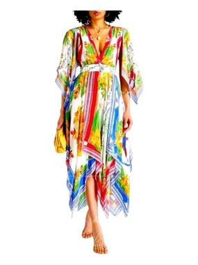 FARM RIO Off-White Tropical Destination Short Sleeve Midi Dress, Size S.